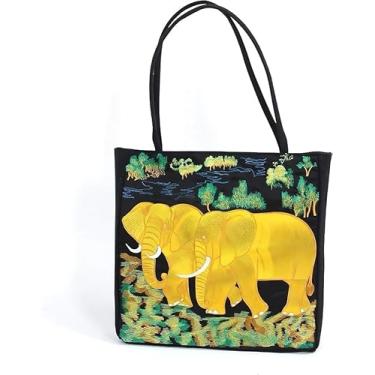 Imagem de Bolsa de elefante bordada, preta com design de cena de selva, tecido de algodão, grande 35 x 45 cm, fecho de zíper, alça de ombro