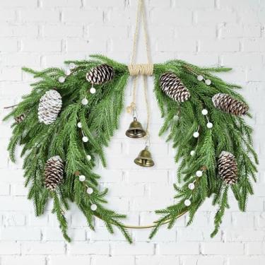 Imagem de ElasignShopo Guirlanda de pinheiro norfolk com sino, guirlandas artificiais de Natal para porta da frente, guirlandas de inverno perenes com pinhas, decorações de Natal para casa de fazenda, decoração