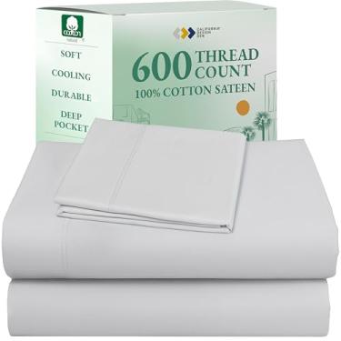 Imagem de California Design Den Jogo de lençol solteiro de qualidade de hotel - cetim luxuoso 600 fios, 100% algodão natural, conjunto de lençóis duplos com bolso profundo totalmente elástico, legal e durável