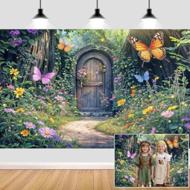 Imagem de Fundo de floresta encantada de 1,8 m x 1,5 m, jardim das maravilhas encantado, porta de madeira, borboleta, fotografia de fundo para crianças, meninas, chá de bebê, decoração de festa de aniversário