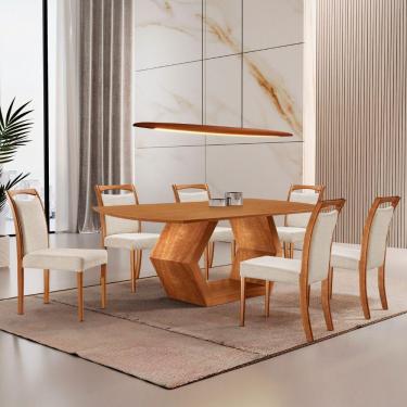 Imagem de Mesa Ane 180 Tampo Laminado Barril Com 6 Cadeiras Munique Linho Off Imbuia Natural