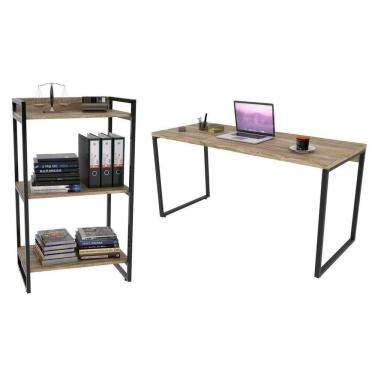 Imagem de Conjunto Escritório Estilo Industrial Mesa 150cm E Estante 60cm 3 Prateleiras Prisma C08 Carvalho