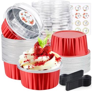 Imagem de ZOXILEN 30 peças de mini formas de bolo de Natal com tampas, folha de alumínio, mini assadeira descartável com tampas, colheres de 142 g/125 ml, formas redondas pequenas de pão, latas de bolo