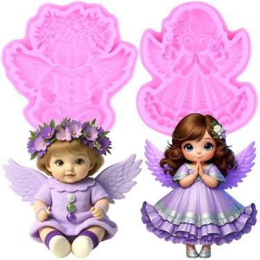 Imagem de MIYAHOUSE Angel Fondant Moldes de silicone para decoração de bolos, topo de cupcake, pasta de goma de chocolate, argila de polímero, conjunto de 2