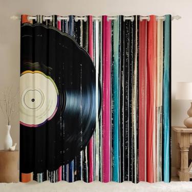 Imagem de jejeloiu Cortinas de janela retrô de vinil dos anos 83 (2 painéis, 96 x 137 cm) toca-discos vintage 30%-50% cortinas blackout para janela, tocador de música, notas musicais, cortinas para
