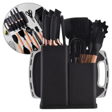 Imagem de Conjunto de Utensílios de Cozinha 19 Peças, Silicone e Madeira, Preto com Suporte Organizador, Acessórios Completos para Cozinhar
