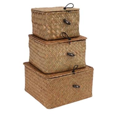 Imagem de Asixxsix Cesta de Armazenamento Tecida à Mão, Conjunto de 3 Caixas de Vime Tecidas Com Tampa, Recipiente Multiuso para Organização e Decoração Doméstica (14x14x9cm 17x17x10cm 20x20x12cm)