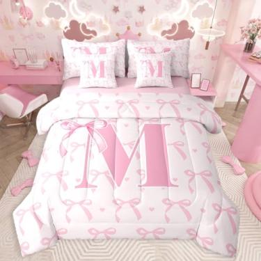 Imagem de jejeloiu Conjunto de edredom infantil fofo com laço rosa, tamanho casal, letra M, 7 peças, lindo laço de coquete, cama em uma bolsa, letra M, monograma para todas as estações