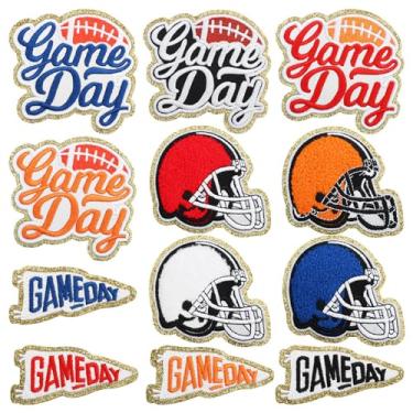 Imagem de Patch bordado de 4 cores para o dia do jogo, bordas douradas, capacete de futebol de rúgbi, aplique de aplique para jaquetas, uniformes, roupas, bolsas, chapéus, aplique de chenille costurado em