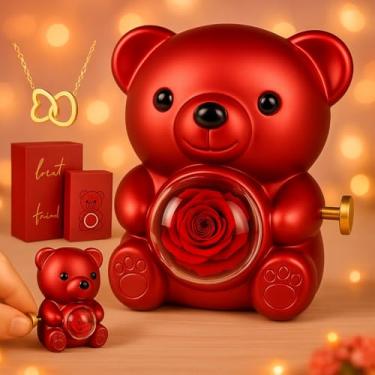 Imagem de KERHAND Urso de pelúcia com rosa preservada, flor para sempre em urso com caixa de presente para mulheres, rosas de urso romântico com música para dia dos namorados, dia das mães, aniversário