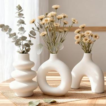 Imagem de Conjunto de 3 vasos de flores brancos grandes de cerâmica moderna para decoração de casa, perfeito para centros de mesa, sala de estar, estante, escritório, casamentos, presentes, serve para flores