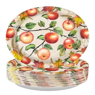 Imagem de Grencian 50 peças de pratos ovais de papel de maçã de outono, 25,4 x 30,5 cm, grandes, descartáveis, resistentes, para Ação de Graças, pratos de papel de maçã, árvores frutíferas, sobremesas, para