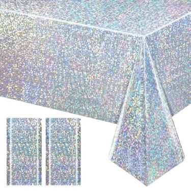 Imagem de Just Shimmer Pacote com 2 toalhas de mesa iridescentes prateadas, capas de mesa retangulares descartáveis brilhantes 137 x 274 cm, toalhas de mesa holográficas a laser, decorações de festa para