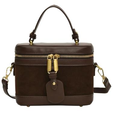 Imagem de Bolsa feminina quadrada de camurça, vintage, xadrez, transversal, pequena, retrô, quadriculada, com alça superior, Camurça de café, Medium