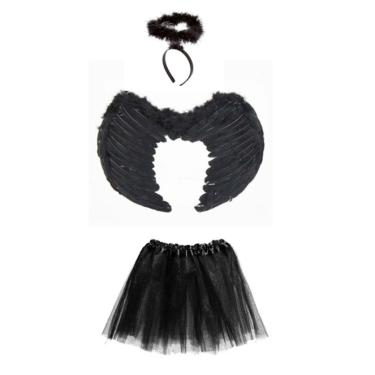 Imagem de Fantasia Anjo Asa Aureola e Saia Preta Infantil - 3 Peças