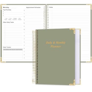 Imagem de Qzyoneei Agenda mensal diária sem data para 2025 2026 – Lista de tarefas A4 com agenda horária, capa dura espiral encadernada para aumentar o foco, material escolar/escritório elegante, 21,6 cm x 28