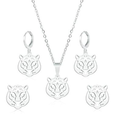 Imagem de QLYOVWE Conjunto de colar de brincos de cabeça de tigre dourado para mulheres e homens, punk, rei da floresta, animal, mascote, time de futebol, espírito, pingente, colar, joia da sorte, presente