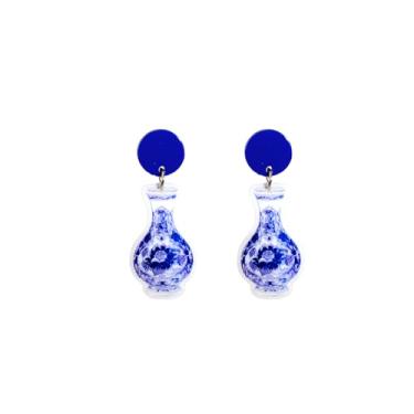 Imagem de Brinco de porcelana azul e branco para mulheres, brincos étnicos geométricos com pingente exclusivo e personalizado, Moderate type, Metal, Sem pedra preciosa