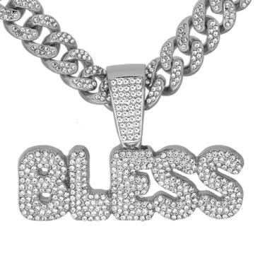 Imagem de GuoShuang Colar feminino com pingente "Bless" com pingente de elos cubanos, corrente cubana Miami de 45,7 cm