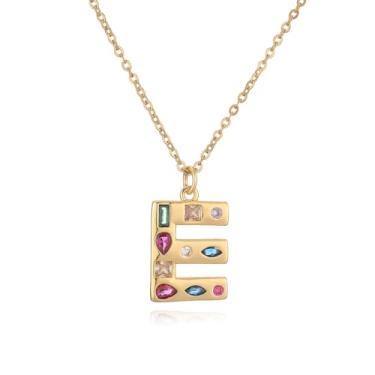 Imagem de LuvQaze Colar de zircônia colorida com inicial para mulheres, banhado a ouro 18 quilates, colar com pingente de letra e presente de aniversário para namorada, esposa, mãe, filha, Small, Cobre, Sem