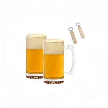 Imagem de Conjunto de cerveja de 4 peças, em estilo tradicional. 2 copos de cerveja grandes de 500 ml e 2 abridores de garrafas de madeira com alças - vidraria transparente durável, adequada para armazenamento