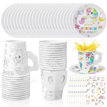 Imagem de Lenwen Conjunto de 24 xícaras de chá de papel para chá de unicórnio descartáveis com alça, xícaras de colorir, papel floral, chávenas e pratos, adesivos, lembrancinhas de festa de unicórnio para