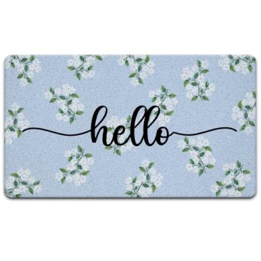 Imagem de Exqcom Tapete de porta Hello floral azul, flor azul claro capacho de boas-vindas para porta da frente, entrada de varanda, entrada de entrada, tapete de boas-vindas floral externo, 43 x 76 centímetros