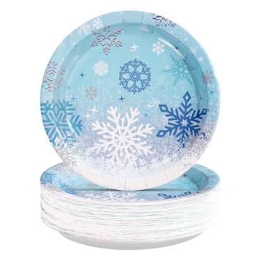 Imagem de Greencian 50 peças de pratos de papel de floco de neve congelados 18 cm resistentes de inverno com floco de neve descartáveis, prato de sobremesa de Natal azul do país das maravilhas para meninas