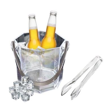 Imagem de WELKOR Balde de gelo de cristal com alça e pinça - Baldes de gelo de champanhe transparente de plástico de 1,1 L para festas, cerveja, vinho, bebidas, coquetéis, refrigerante, suprimentos para bar