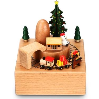 Imagem de Bucherry Caixa de música de Natal de madeira árvore de Natal trem giratório caixa de música faia corda estatueta musical para Natal, aniversário, presente de festa, decoração de casa
