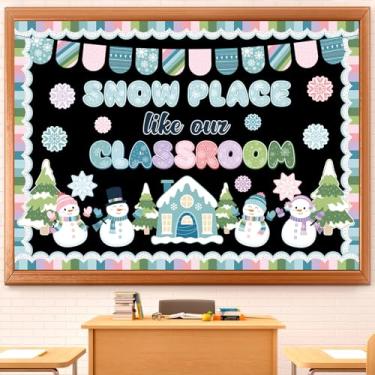 Imagem de Moinchore Conjunto de quadro de avisos de inverno pastel para neve como nossas decorações de sala de aula, bonecos de neve, casa de pão de gengibre, recortes de flocos de neve para inverno, férias