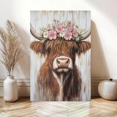 Imagem de UZWGG 1 peça de arte de parede sem moldura painel de madeira vintage impressão visual floral vaca highland arte de parede decoração de parede decoração de cozinha rústica pinturas de parede em tela