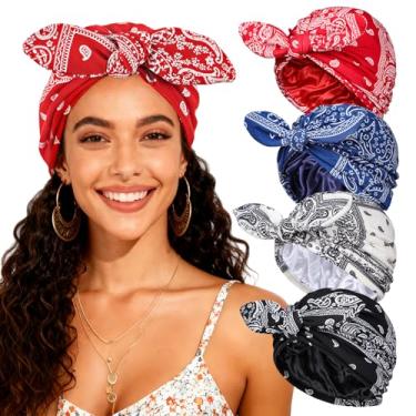 Imagem de Touca de quimioterapia de camada dupla para mulheres, touca de dormir pré-amarrada para queda de cabelo, 4 padrões de ameba, 4 Count (Pack of 1)