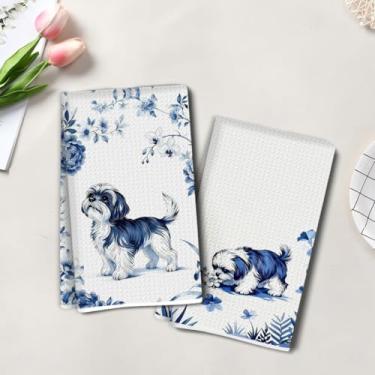 Imagem de 2 peças de toalhas de cozinha artísticas de cachorro fofo, toalha de mão de chá super absorvente de flor azul, panos de prato de microfibra para secar pratos, toalhas de prato waffle para cozinha