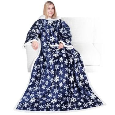 Imagem de PAVILIA Cobertor de lã de ovelha de luxo com mangas para mulheres e homens adultos, cobertor usável quente aconchegante, super macio de manga grossa com bolso para os braços, presente para mulheres, mãe e esposa (azul escuro)