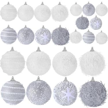 Imagem de VioraWhite 24 peças de enfeites de bola de glitter de Natal, tamanhos variados, enfeite de árvore de Natal de espuma, bolas penduradas para festas de Natal, Ano Novo, decorações de casa (prata, branco