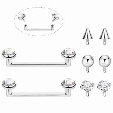 Imagem de Masedy 2 peças 14G G23 de titânio puro piercing de superfície de grampo barra plana roscada internamente grampos duplos halteres para superfície com 6 peças de substituição CZ piercing de língua olho