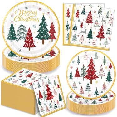 Imagem de LINHAXM Conjunto de pratos e guardanapos de papel de Natal com 150 peças – Pratos de jantar descartáveis de árvore de Natal vermelha e verde, pratos de sobremesa, guardanapos para decorações de festa