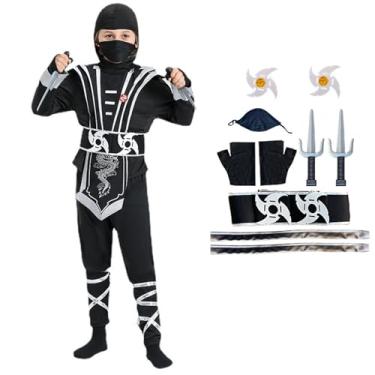 Imagem de OTUIZEM Fantasia de ninja, conjunto de roupa de Halloween Ninja para crianças, roupa infantil de Halloween para festas de cosplay, Prateado, S (4-5Y)