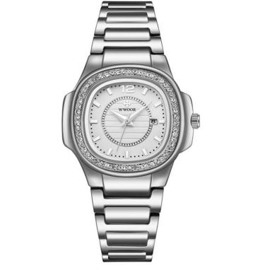 Imagem de Relógio Feminino Quadrado Com Strass Pulseira Em Aço Inoxidavel Impermeavel Branco