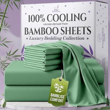 Imagem de SLEEP SANCTUARY Viscose 100% orgânica derivada de lençóis de bambu tamanho casal 6 peças - ultramacio e refrescante, bolso profundo de 43 cm, costura dupla, perfeito para quem dorme quente - Lençóis