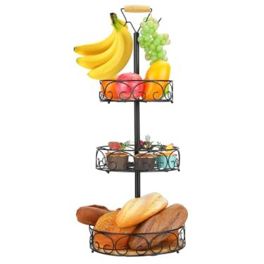 Imagem de WCHOSOZH Cesta de frutas de 3 camadas para balcão de cozinha, suporte de tigela de frutas e legumes com 2 cabides de banana, suporte de exibição em camadas de metal para organização de lanche de pão