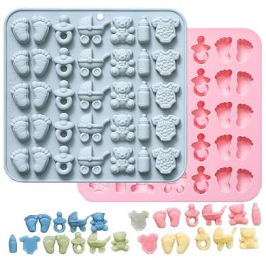 Imagem de Conjunto de moldes de chocolate para bebês, moldes de silicone com pegada, carrinho de bebê, reutilizável para bolos recém-nascidos, lembrancinhas de festa de fraldas - pacote com 2