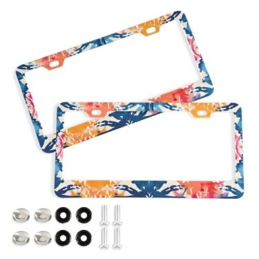 Imagem de CEBUGI Pacote com 2 molduras de placa de carro de alumínio capas de moldura de placa de carro com 2 furos coloridos tie-dye acessórios automotivos para placas dianteiras e traseiras orifício elíptico