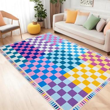 Imagem de Lacomfy Tapete de tabuleiro de xadrez colorido de 10 x 15 cm, lavável, antiderrapante, moderno, grande, para uso interno, macio, arco-íris, tapete de brincar para crianças, adequado para sala de estar