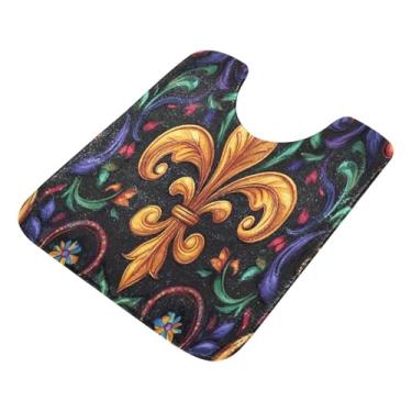 Imagem de Burbuja Tapete de banheiro Mardi Gras Fleur-de-lis, tapete de banho absorvente de pelúcia macio, base antiderrapante para piso de banheiro, oval em forma de U
