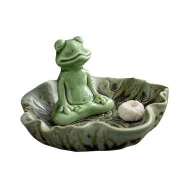 Imagem de XLWLLNJ Incensário em forma de sapo fofo com bandeja em forma de folha de lótus, feito à mão em cerâmica decorativa, ideal para meditação em ambientes