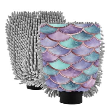 Imagem de STAYTOP Lindas luvas coloridas de sereia para lavagem de carro, 2 peças, luvas de microfibra de chenille, sem arranhões, panos de esponja de lavagem ultra absorventes para carros, limpeza doméstica