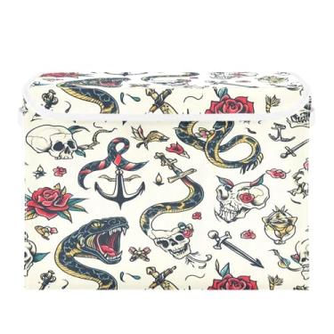 Imagem de CEBUGI Caixotes de armazenamento com tampas, caixa de armazenamento de tecido, dobrável, padrão de tatuagem, compartimentos organizadores de armazenamento para armário de casa prateleiras de quarto 40