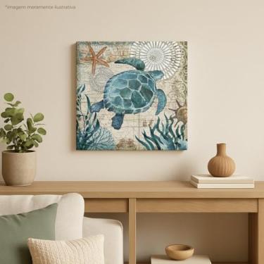 Imagem de Quadro Decorativo Marítimo com Tartaruga Azul, Arte em Canvas, Estilo Vintage com Mapa e Estrela do Mar, Decoração Náutica para Parede 30X30